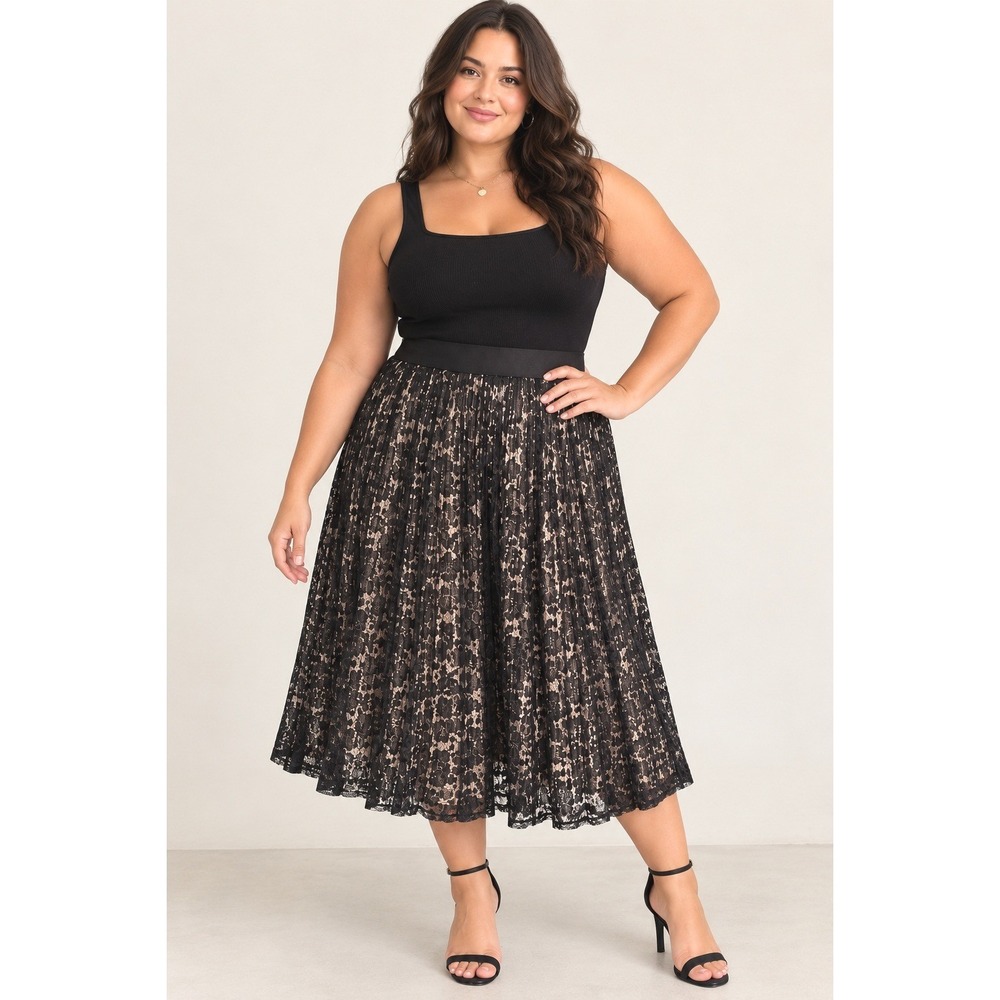 Lane Bryant 18/20 Black Lace Pleated Midi Skirt Nude Lined Plus Size Romantic